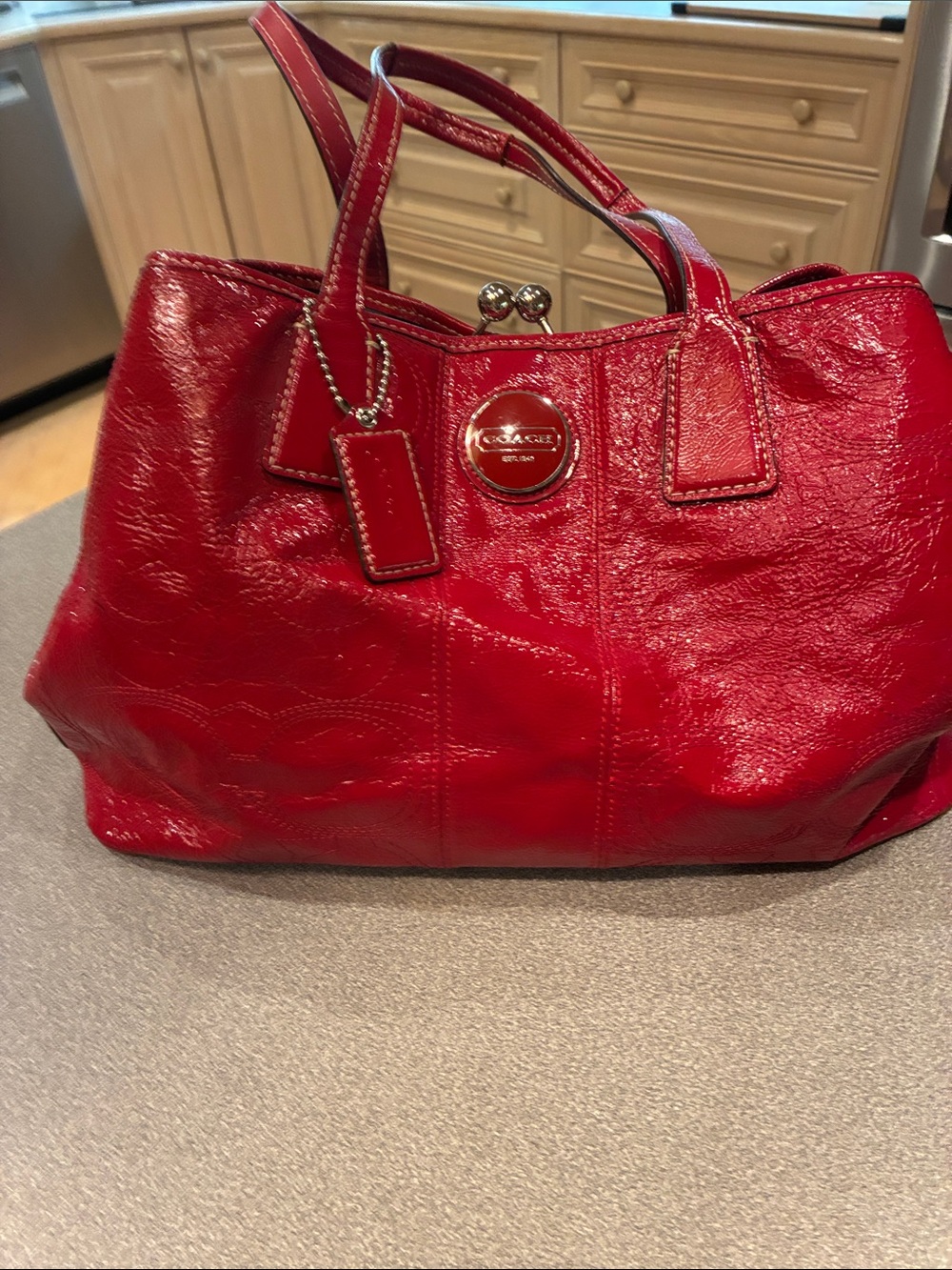 Coach Red Patent Leather Shoulder Bag with Logo Medallion F15658